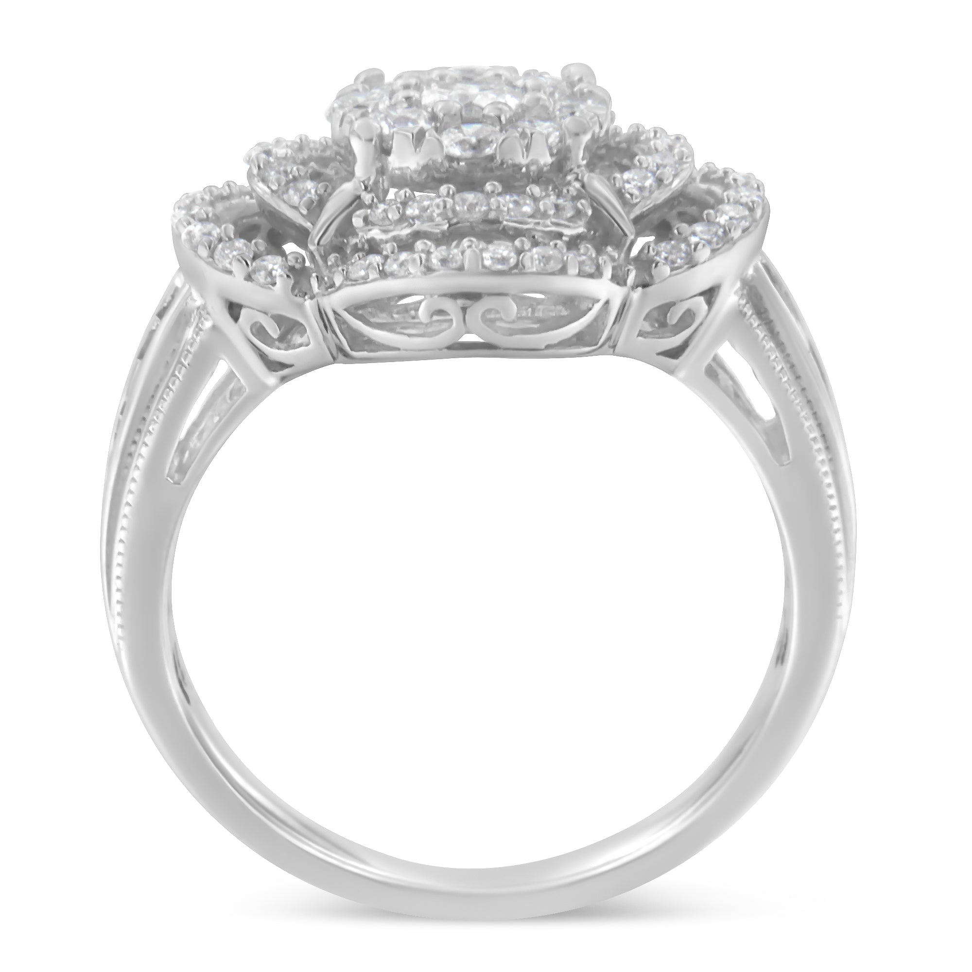 14K White Gold 1.0 Cttw Round & Baguette Cut Diamond Floral Cluster Quatrefoil Channel Set Band Cocktail Statement Ring (H-I Color, SI2-I1 Clarity) - Size 6-3/4