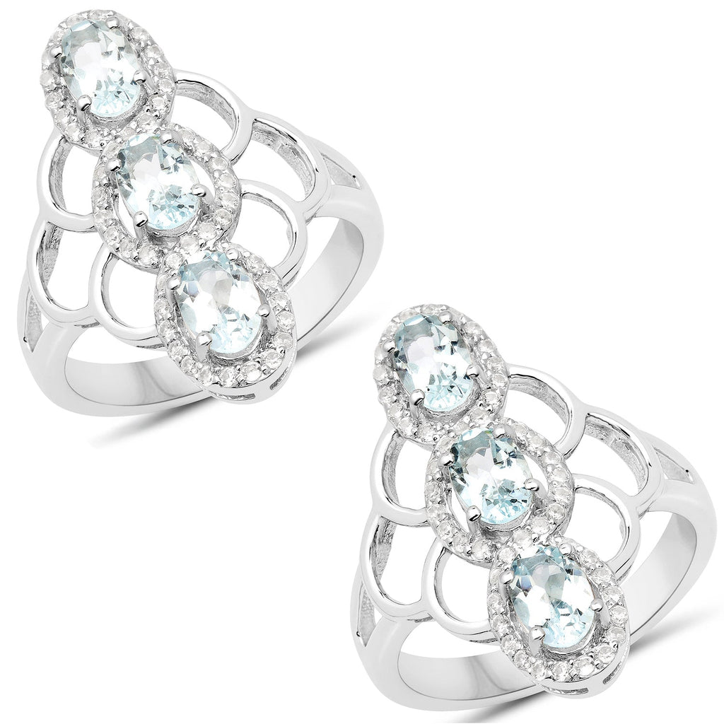 1.54 Carat Genuine Aquamarine and White Zircon .925 Sterling Silver Ring