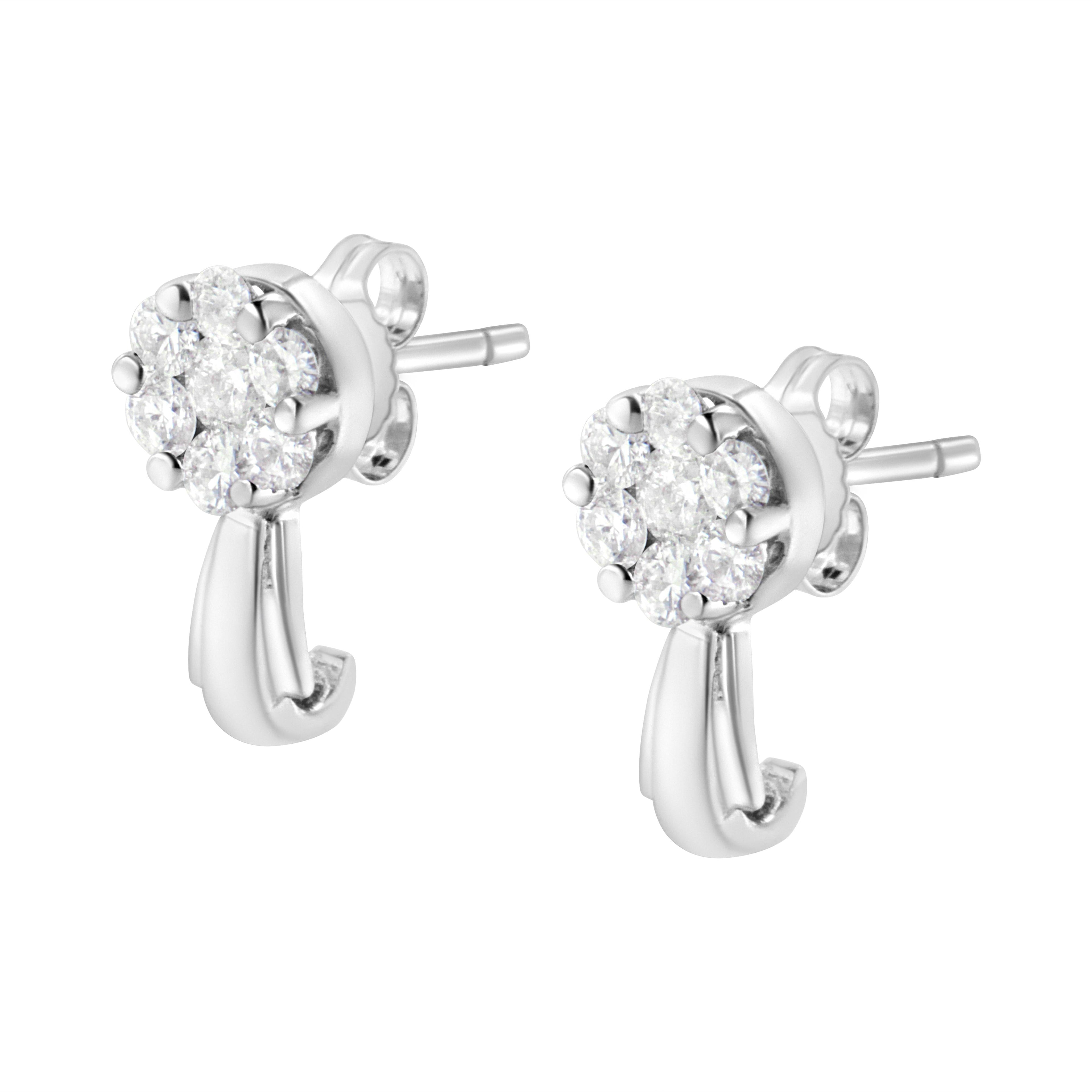 14K White Gold 3/4 Cttw Diamond Floral Cluster Drop and Dangle Stud Earrings (H-I Color, I1-I2 Clarity)