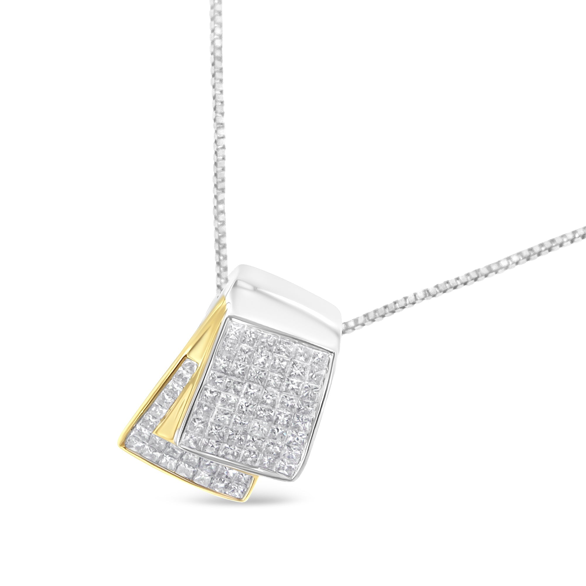 14K White and Yellow Gold 2.0 Cttw Princess Cut Diamond Two Tone Foldover Box Pendant 18â€ Box Chain Necklace (H-I Color, SI1-SI2 Clarity)