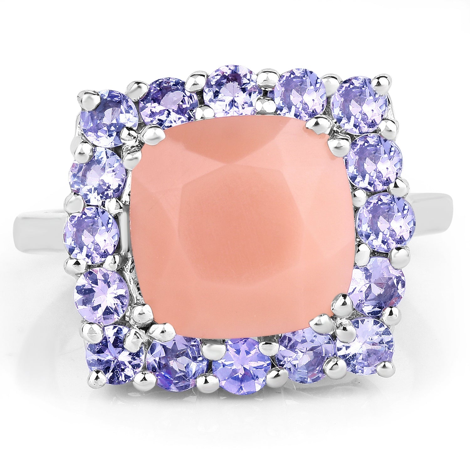 6.70 Carat Genuine Peach Moonstone and Tanzanite .925 Sterling Silver Ring
