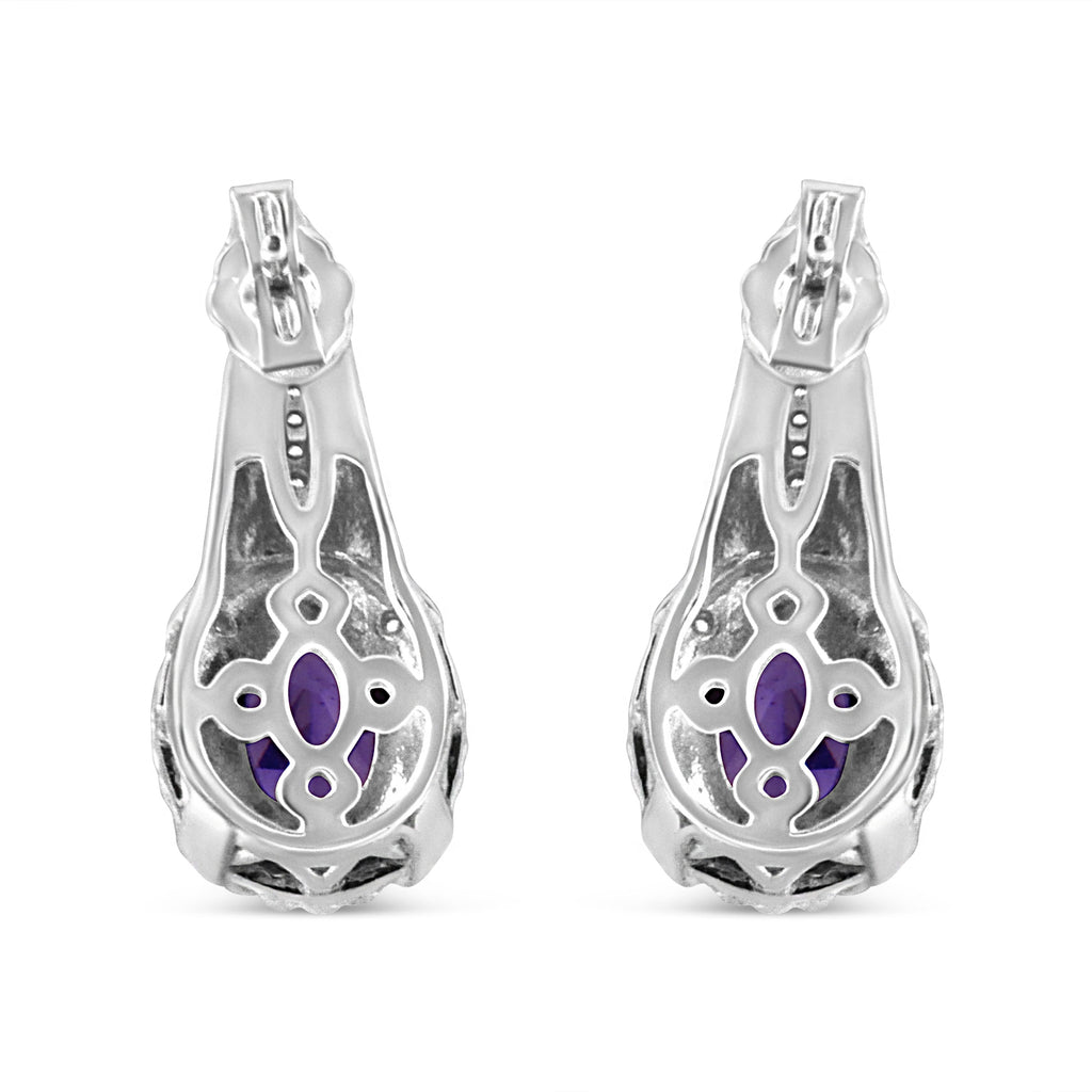.925 Sterling Silver 8x6 MM Natural Oval Purple Amethyst Gemstone and Diamond Accent Art Deco Style Drop and Dangle Earrings (I-J Color, I1-I2 Clarity)