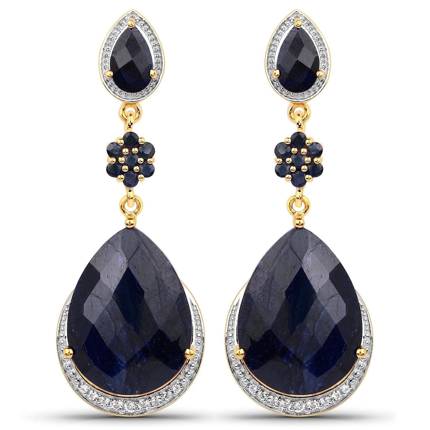 30.04 Carat Dyed Sapphire, Blue Sapphire and White Topaz .925 Sterling Silver Earrings