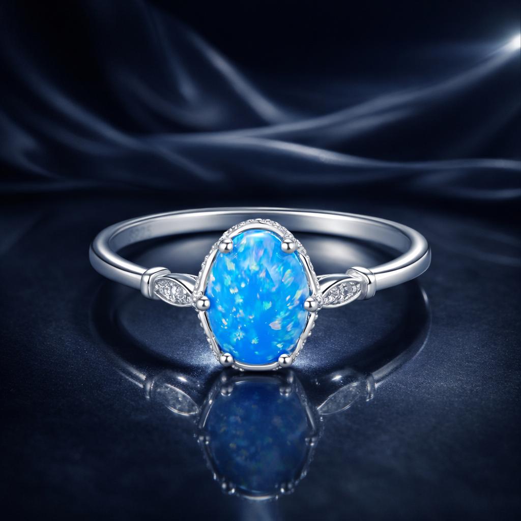 925 Sterling Silver Opal Rings in Size 6.0 with Pave Setting & Plated White Gold for Women