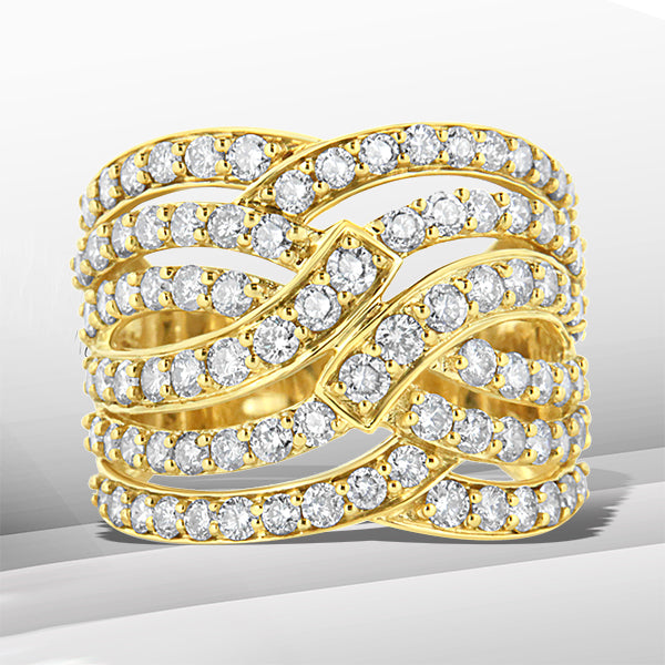 10K Yellow Gold 3.00 Cttw Diamond Multi Row Bypass Wave Cocktail Band Ring (J-K Color, I1-I2 Clarity) - Size 7