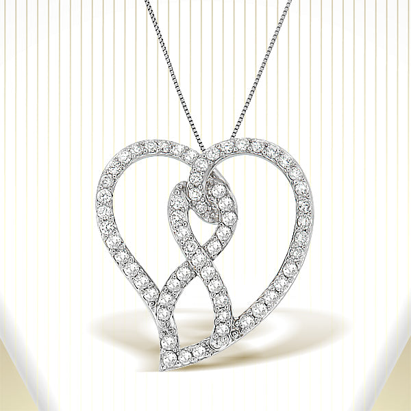 14K White Gold 1.0 Cttw White Diamond Awareness Ribbon & Open Heart 18" Pendant Necklace (H-I Color, I1-I2 Clarity) - White Diamond Ribbon