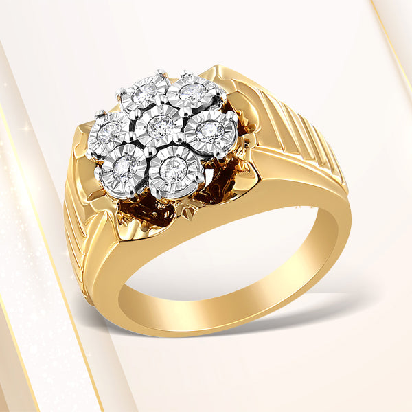 Men's 14K Yellow Gold Plated .925 Sterling Silver 1/3 Cttw Miracle-Set Floral Diamond Cluster Ring (I-J Color, I1-I2 Clarity) - Size 10