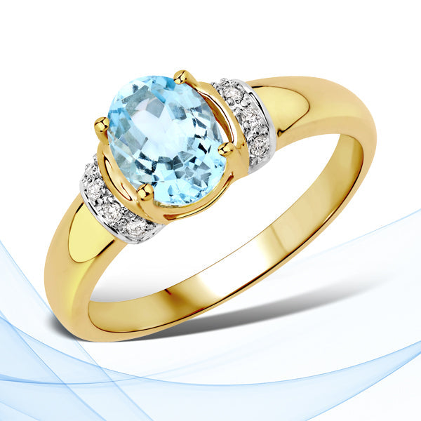 1.09 Carat Genuine Aquamarine and White Diamond 14K Yellow Gold Ring