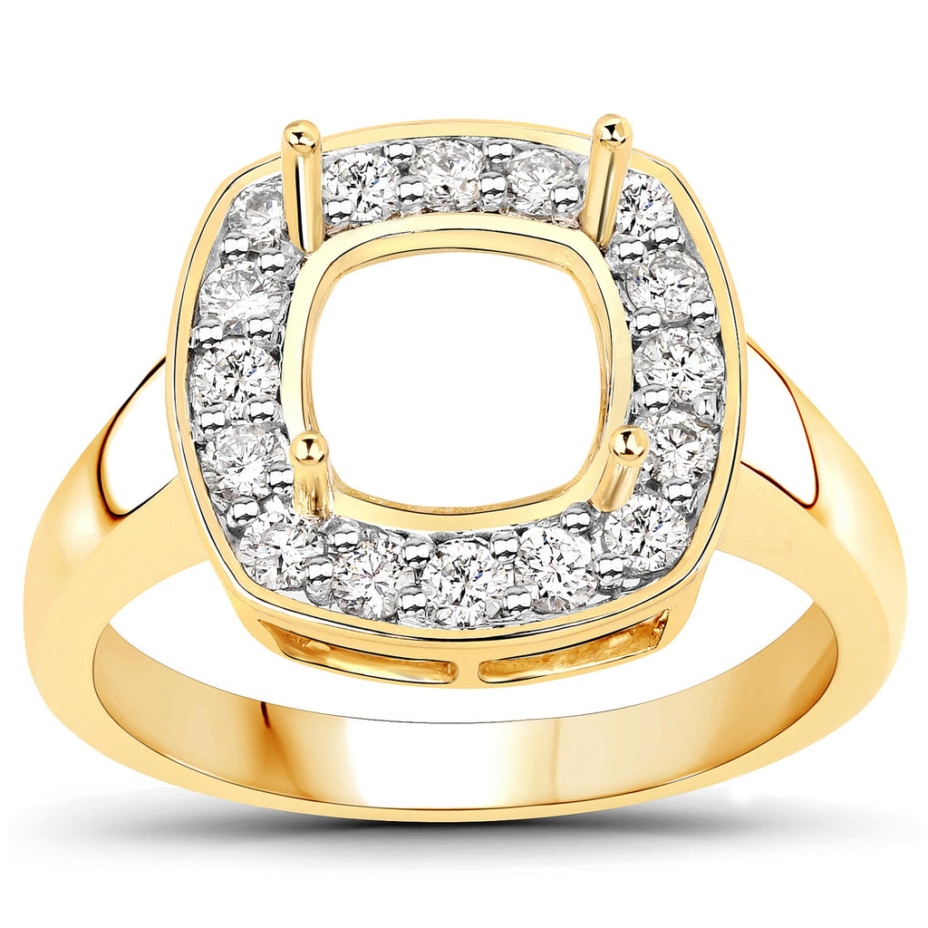 0.48 Carat Genuine White Diamond 14K Yellow Gold Semi Mount Ring - holds 8x8mm Cushion Gemstone