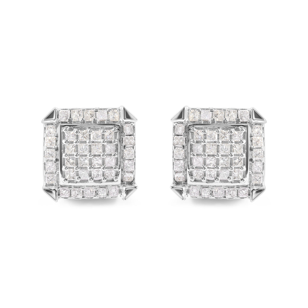 10K White Gold 1 1/10 Cttw Princess Diamond Composite and Halo Stud Earrings (I-J Color, I1-I2 Clarity)