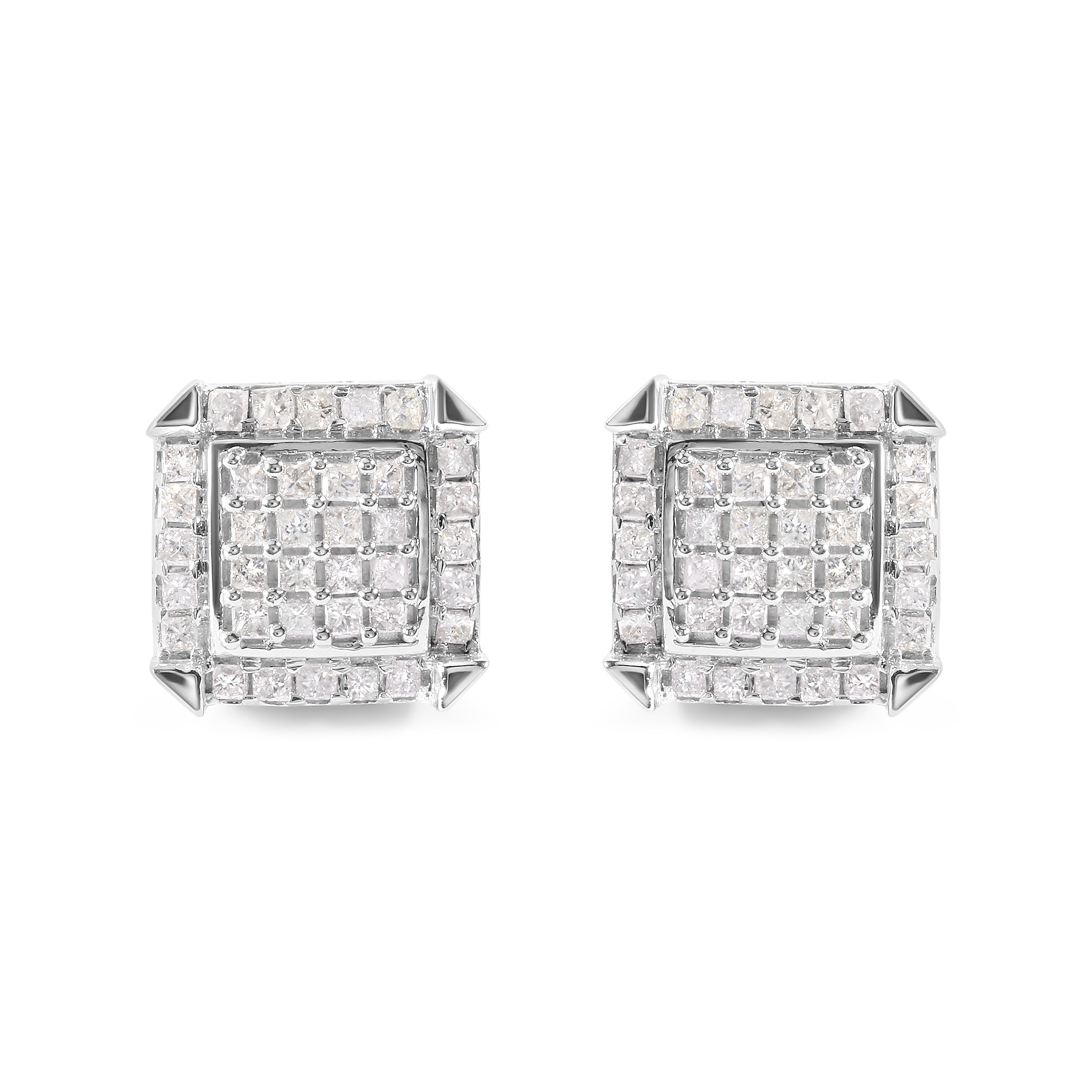 10K White Gold 1 1/10 Cttw Princess Diamond Composite and Halo Stud Earrings (I-J Color, I1-I2 Clarity)