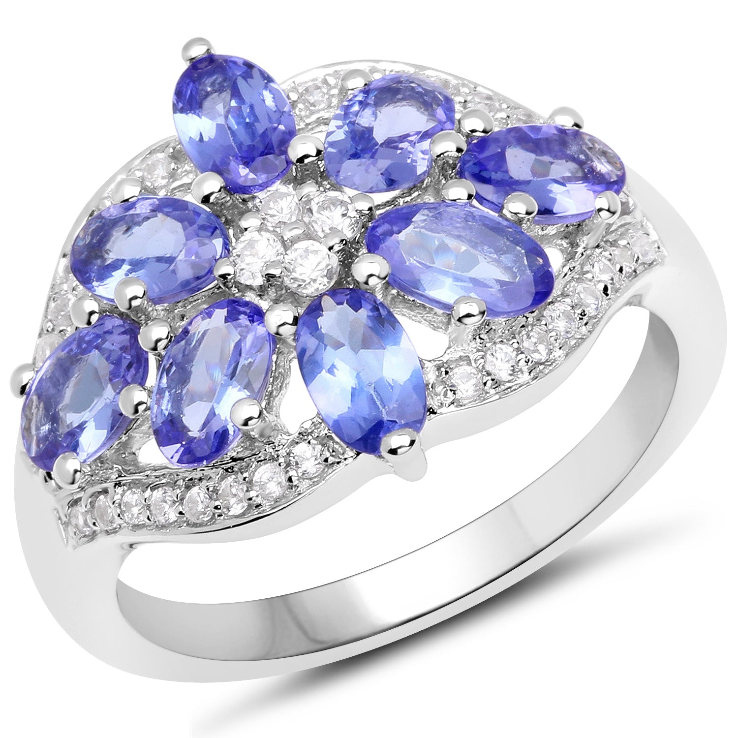 2.27 Carat Genuine Tanzanite and White Zircon .925 Sterling Silver Ring