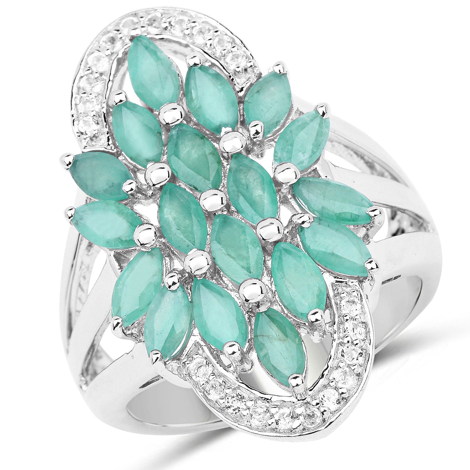 2.74 Carat Genuine Emerald and White Topaz .925 Sterling Silver Ring