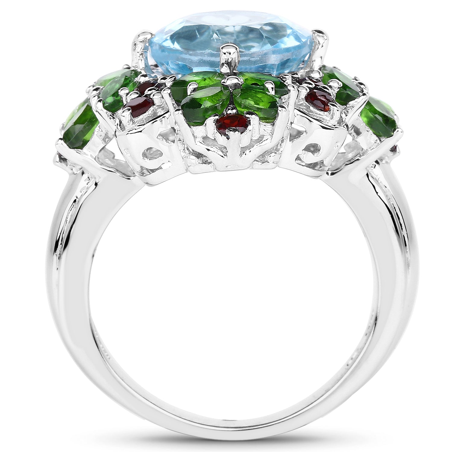 5.76 Carat Genuine Blue Topaz, Chrome Diopside & Garnet .925 Sterling Silver Ring
