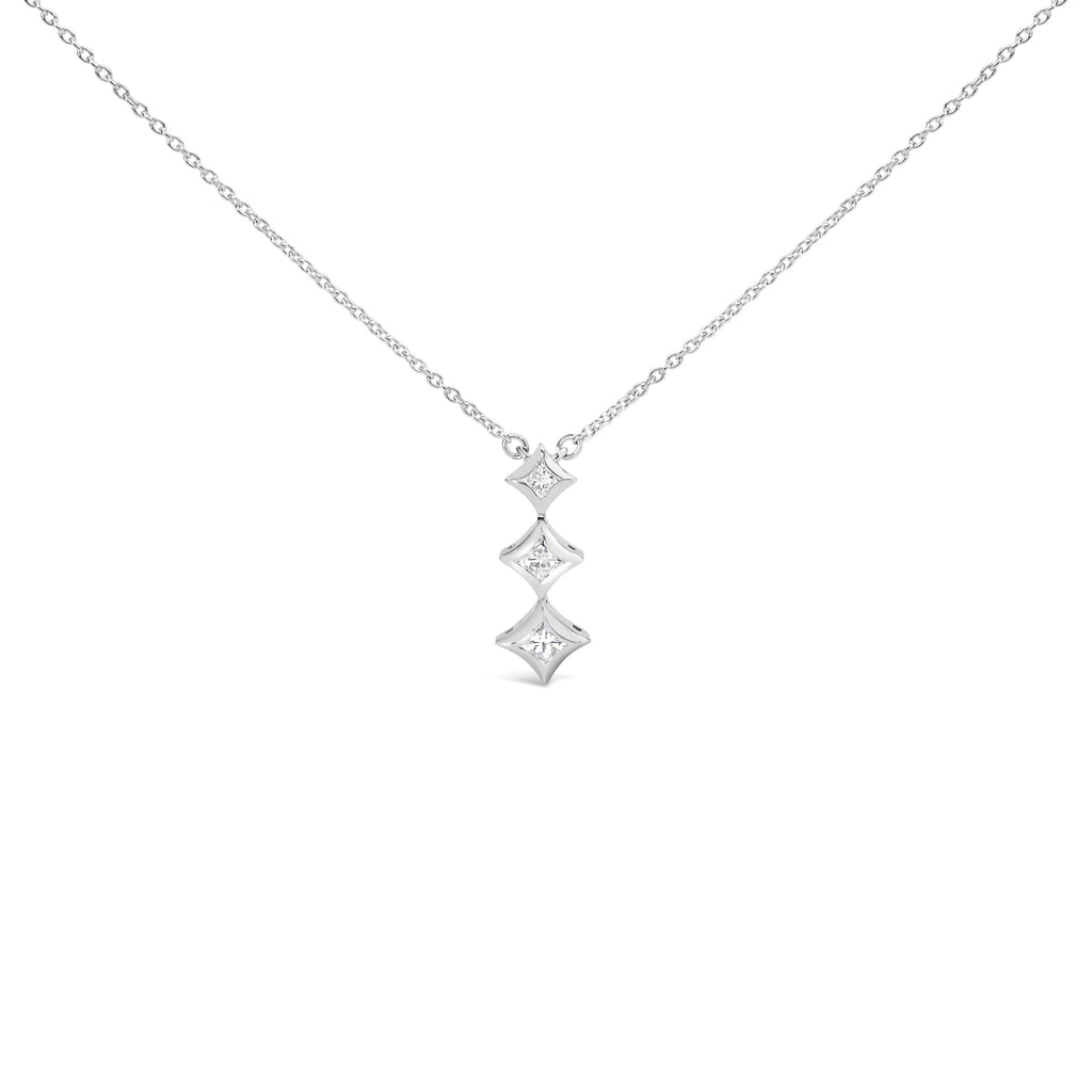 10K White Gold 1/5 Cttw Princess Cut Diamond 3 Stone Drop 18" Pendant Necklace (H-I Color, SI2-I1 Clarity)