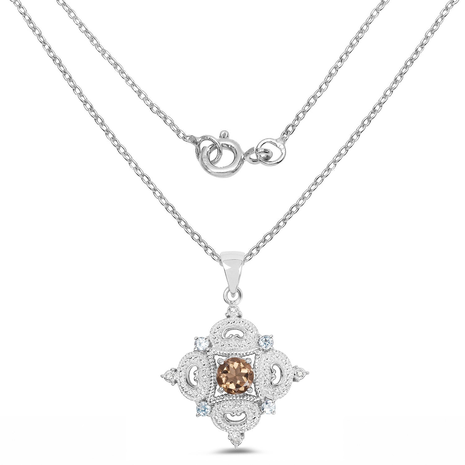 3.00 Carat Genuine Smoky Quartz, Blue Topaz and White Topaz .925 Sterling Silver Pendant