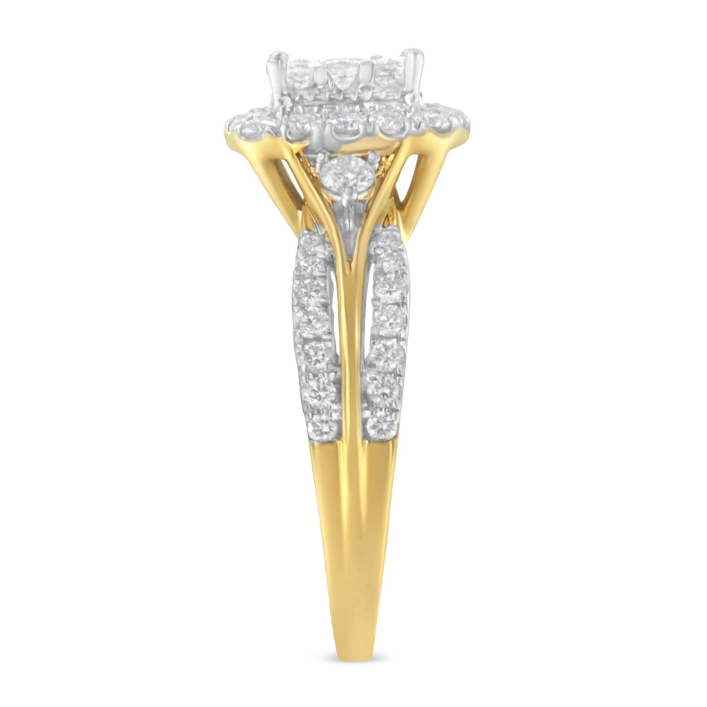10K Yellow Gold 1.0 Cttw Diamond Composite Cushion-Shape Halo 3-Band-Look Engagement Ring (H-I Color, SI1-SI2 Clarity) - Size 6-1/4