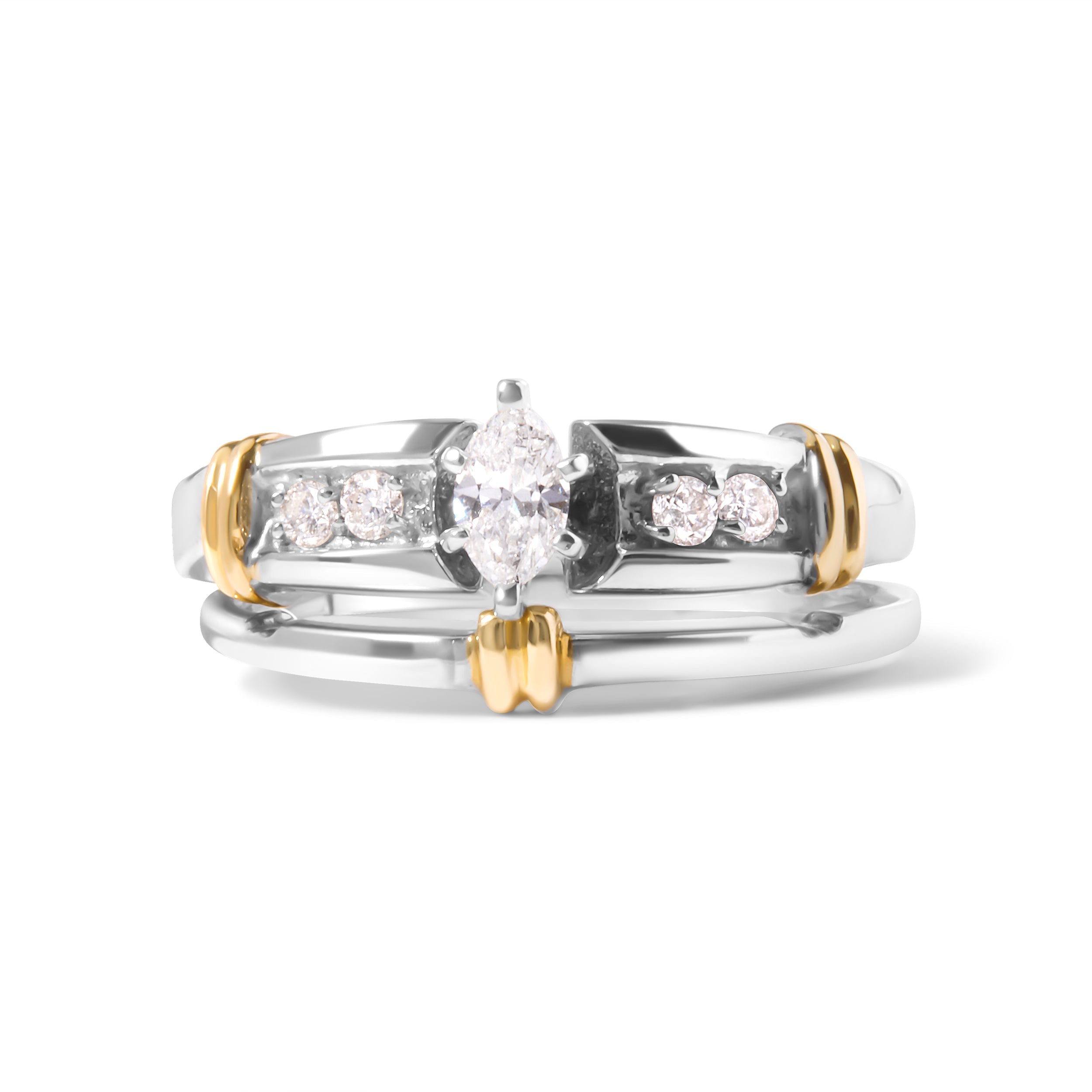 14K Yellow and White Gold 1/3 Cttw Marquise Diamond Cocktail Engagement Ring Set (H-I Color, SI1-SI2 Clarity) - Size 7