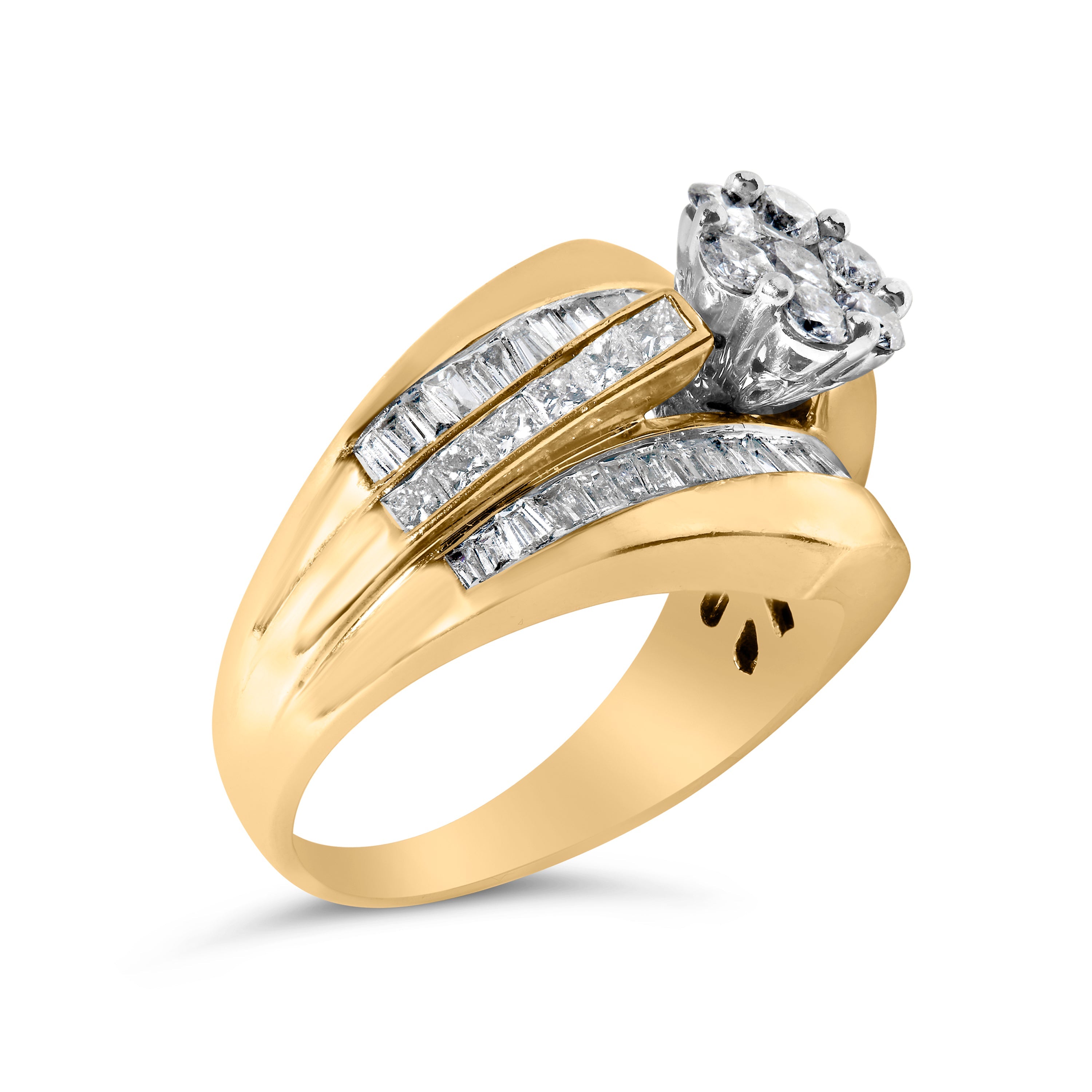 14K Yellow Gold 2-1/3 Cttw Diamond Cluster Channel Set Chevron Shaped Band Engagement Ring & Wedding Band Set (H-I Color, SI1-SI2 Clarity)- Size 5