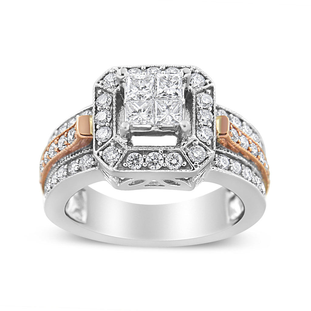 14K White and Rose Gold 1 1/8 Cttw Princess and Round-Cut Diamond Art Deco Style Triple Shank Halo Cocktail Ring (I-J Color, SI2-I1 Clarity) - Size 7