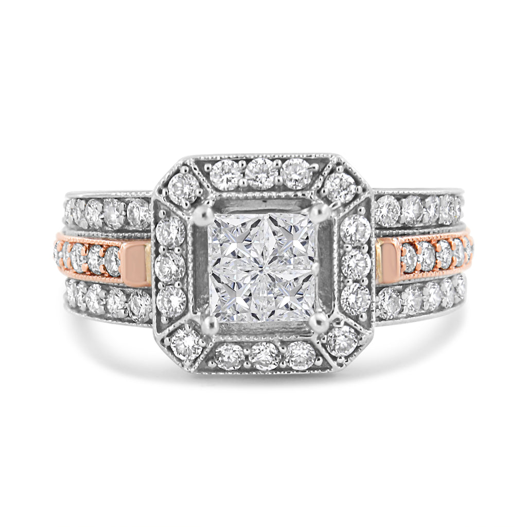 14K White and Rose Gold 1 1/8 Cttw Princess and Round-Cut Diamond Art Deco Style Triple Shank Halo Cocktail Ring (I-J Color, SI2-I1 Clarity) - Size 7