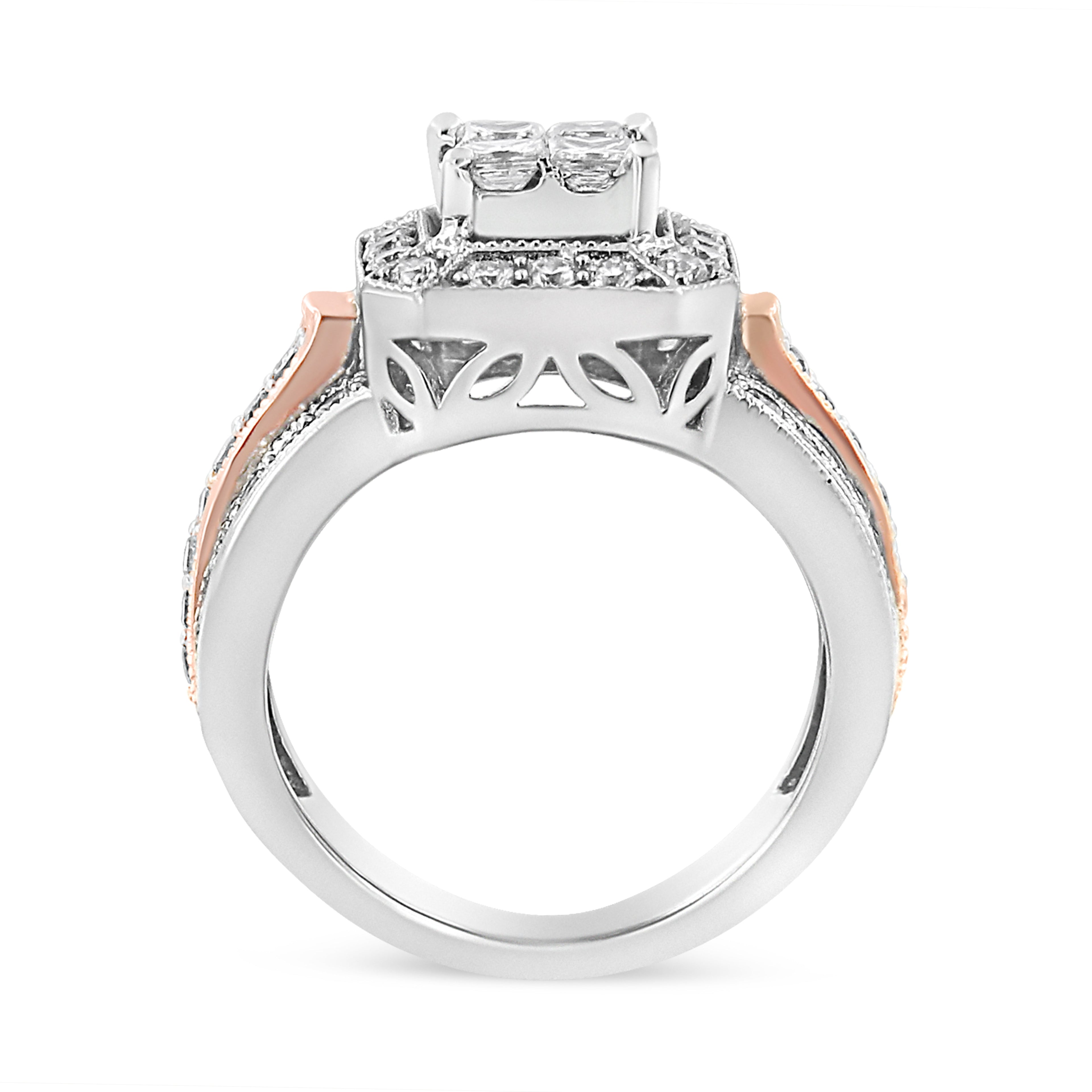 14K White and Rose Gold 1 1/8 Cttw Princess and Round-Cut Diamond Art Deco Style Triple Shank Halo Cocktail Ring (I-J Color, SI2-I1 Clarity) - Size 7