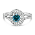 14K White Gold 1-1/3 Cttw White & Blue Diamond Interweaving Double Halo Cocktail Statement Ring (G-H and Fancy Blue Color, SI2-I1 Clarity) - Size 6
