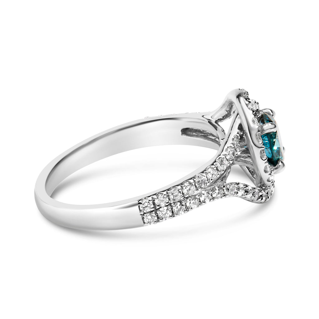 14K White Gold 1-1/3 Cttw White & Blue Diamond Interweaving Double Halo Cocktail Statement Ring (G-H and Fancy Blue Color, SI2-I1 Clarity) - Size 6