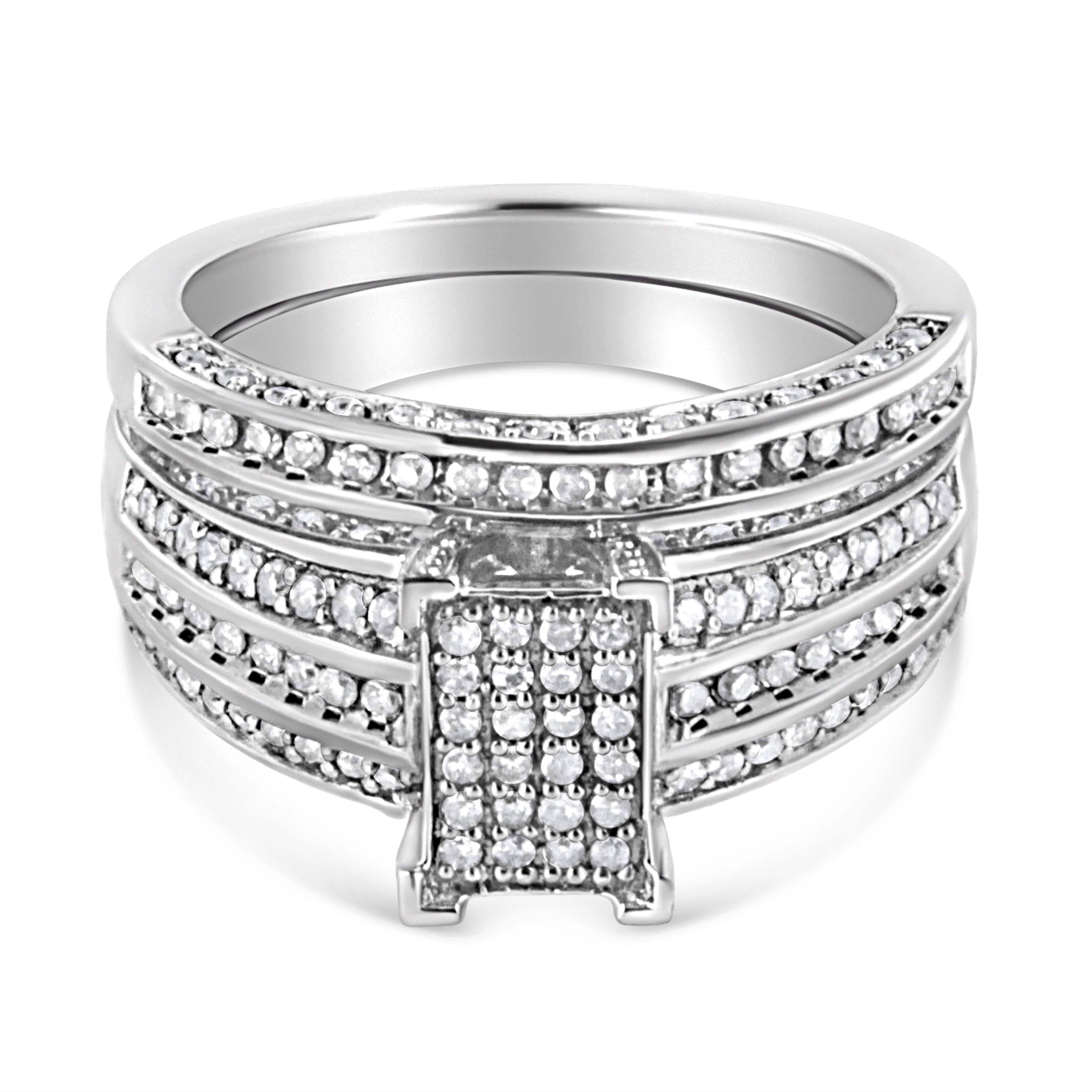.925 Sterling Silver 3/4 Cttw Prong Set Round Diamond Composite Engagement Ring and Band Set (I-J Color, I3 Clarity) - Size 6.5