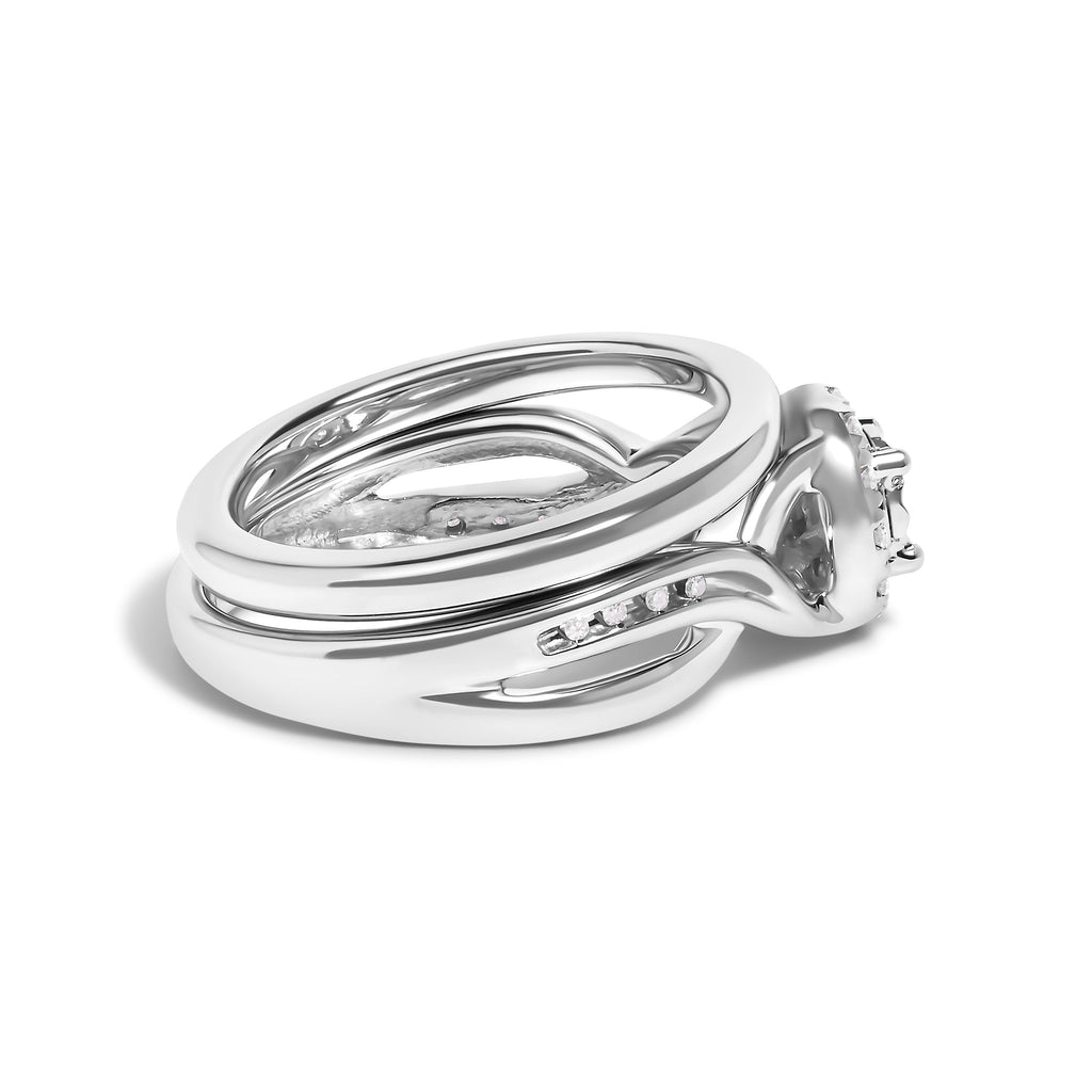.925 Sterling Silver 1/7 Cttw Diamond Halo Bypass Engagement Ring and Wedding Band Set (I-J Color, I3 Clarity)- Size 7