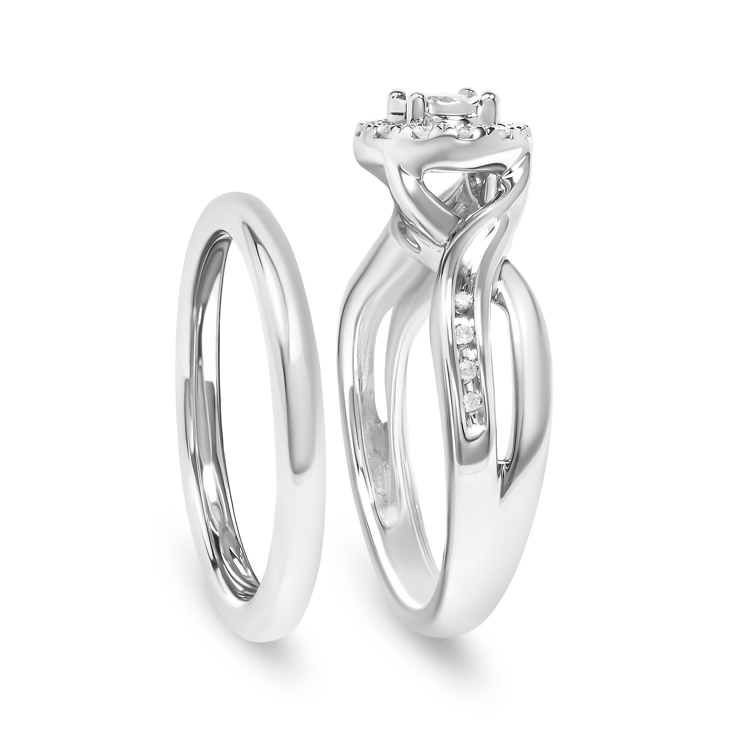 .925 Sterling Silver 1/7 Cttw Diamond Halo Bypass Engagement Ring and Wedding Band Set (I-J Color, I3 Clarity)- Size 7