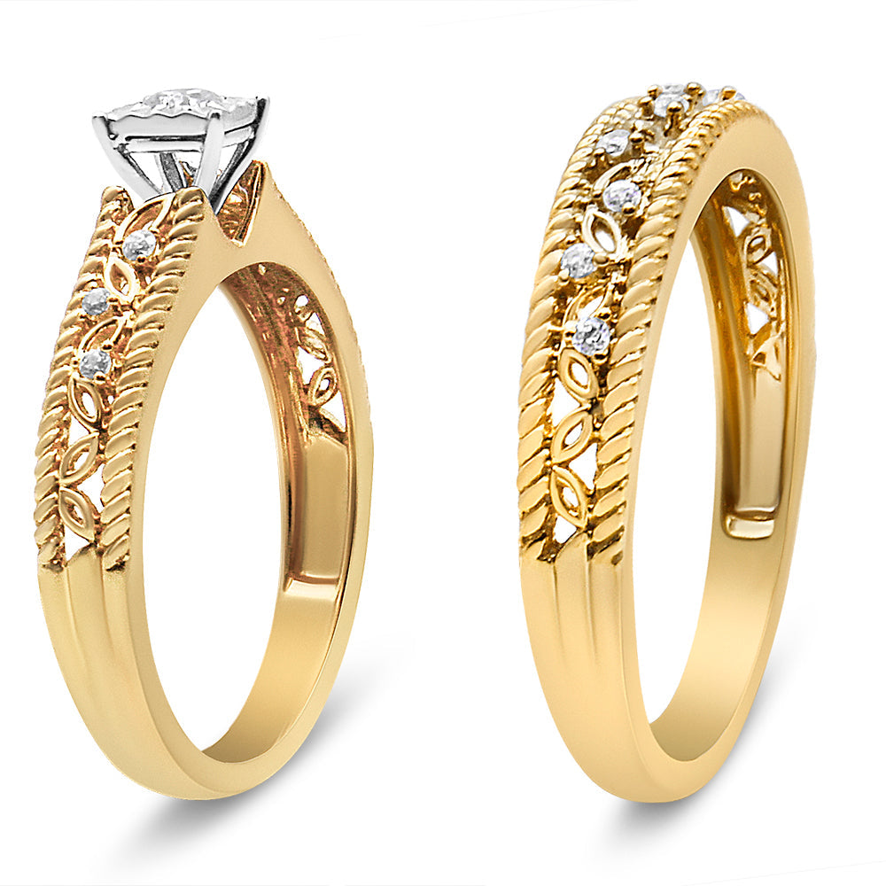 14K Yellow Gold Plated .925 Sterling Silver 1/5 Cttw Diamond Art Deco Style Engagement Ring Bridal Set (I-J Color, I3 Clarity) - Ring Size 7
