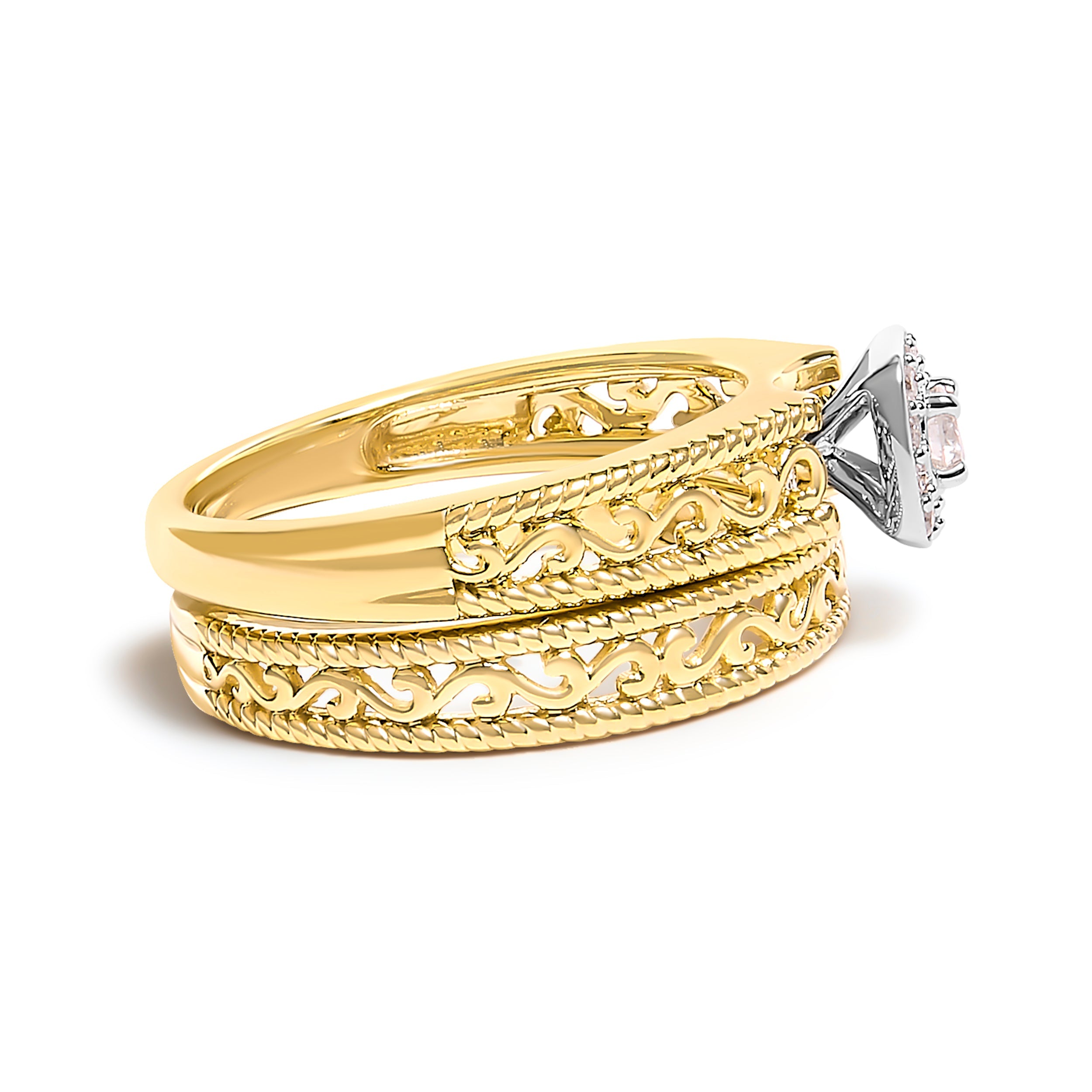 14K Yellow Gold Plated .925 Sterling Silver 1/5 Cttw Diamond Halo and Milgrain Finish Engagement Ring Bridal Set (I-J Color I3 Clarity) - Size 7