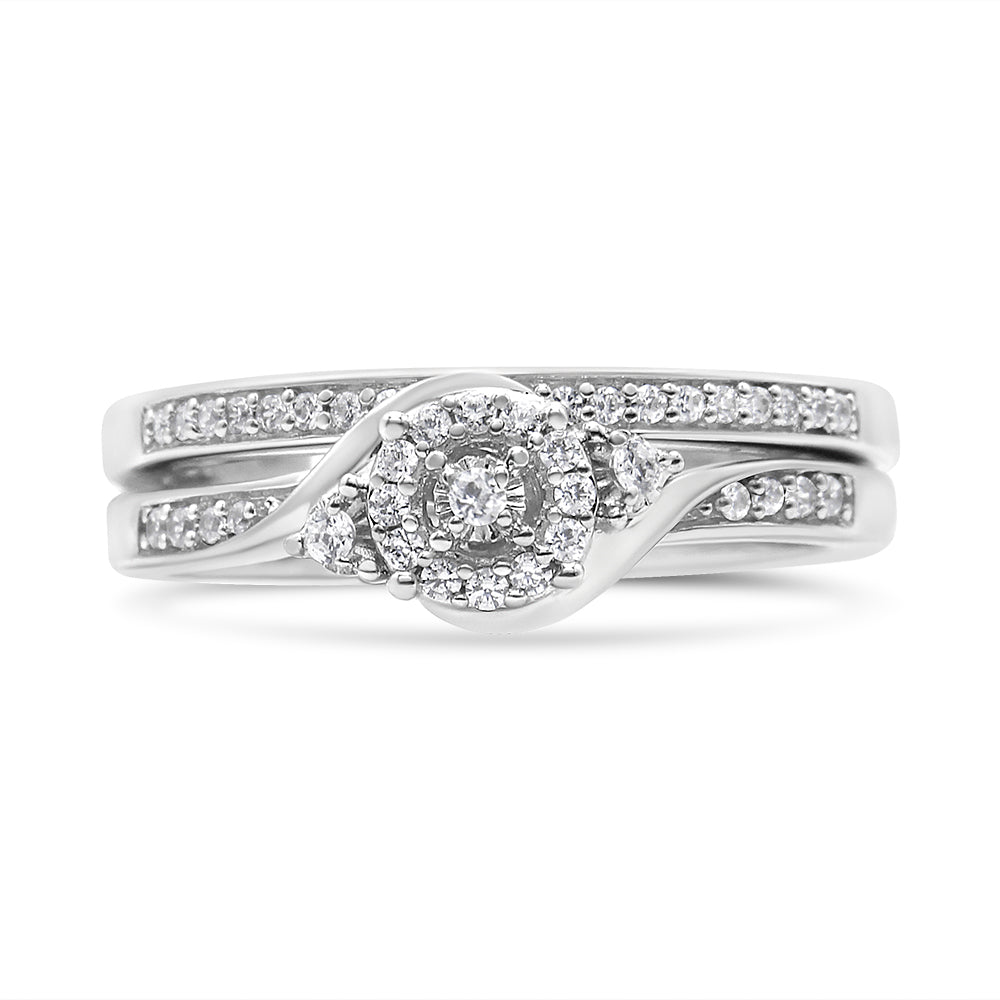 .925 Sterling Silver 1/4 Cttw Diamond Halo and Swirl Engagement Ring and Wedding Band Set (I-J Color, I3 Clarity)- Ring Size 7