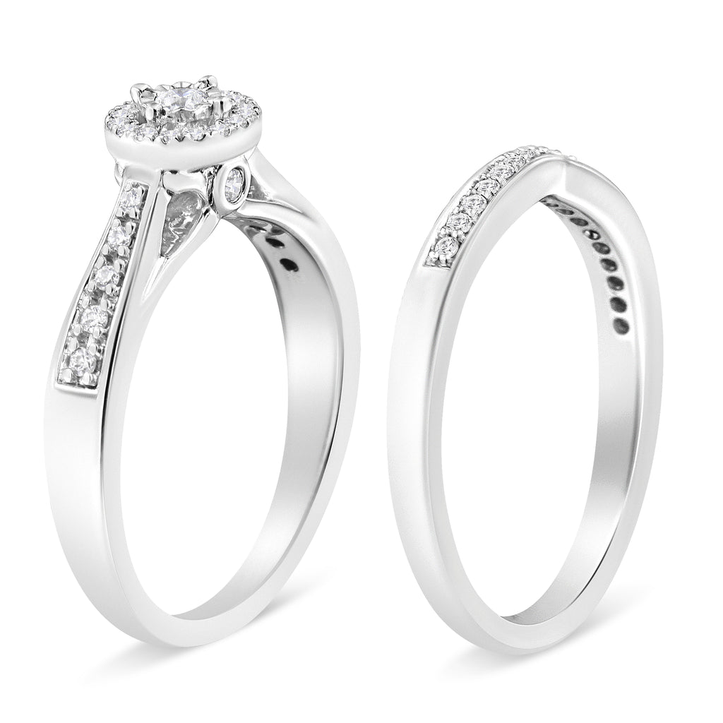 .925 Sterling Silver 1/3 Cttw Diamond Halo and Pave Shank Engagement Ring Set (I-J Color, I3 Clarity) - Ring Size 7