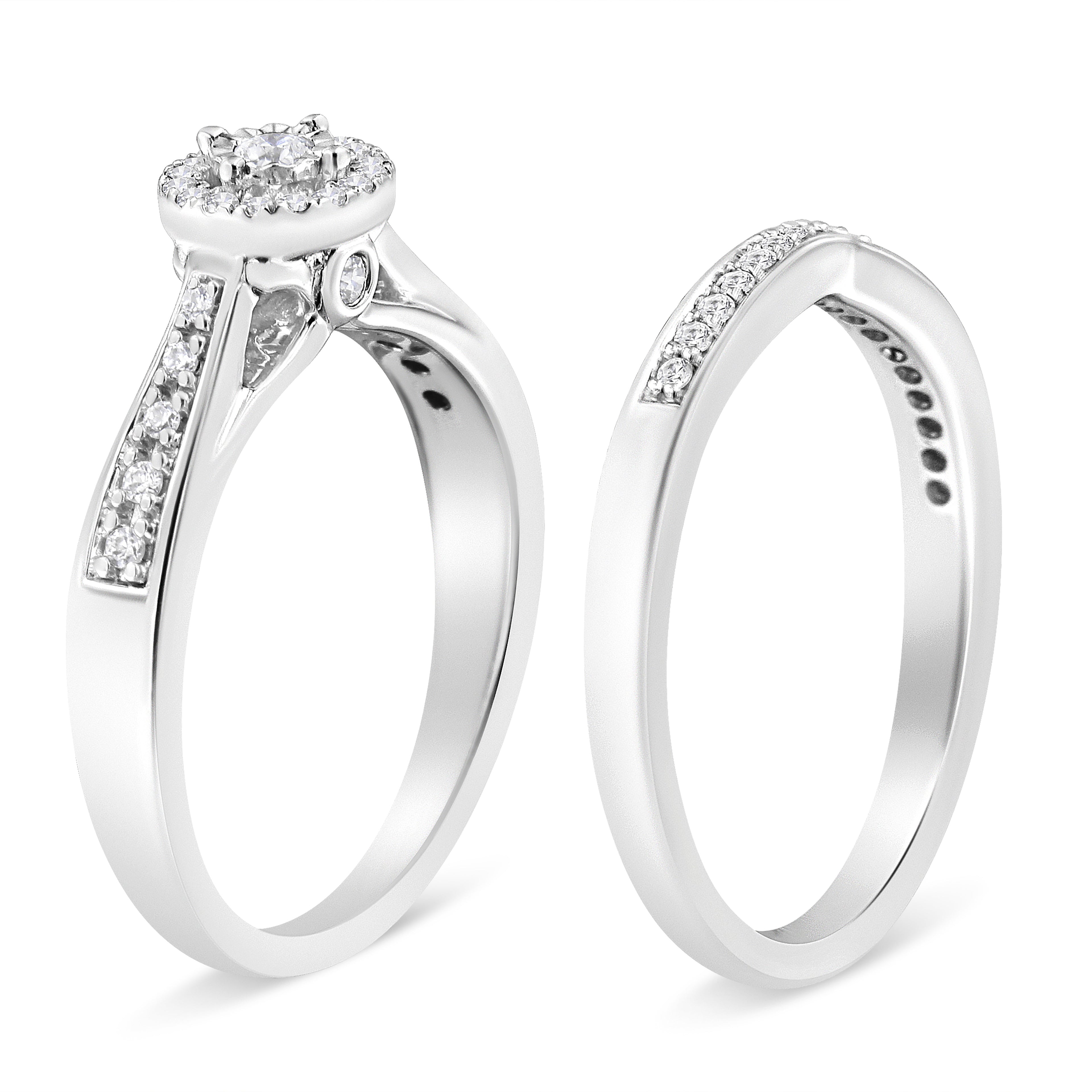 .925 Sterling Silver 1/3 Cttw Diamond Halo and Pave Shank Engagement Ring Set (I-J Color, I3 Clarity) - Ring Size 7