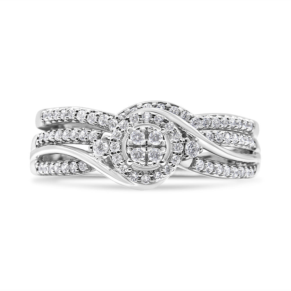 .925 Sterling Silver 1/3 Cttw Composite Diamond Frame Bypass Bridal Set Ring and Band (I-J Color, I2-I3 Clarity) - Ring Size 7