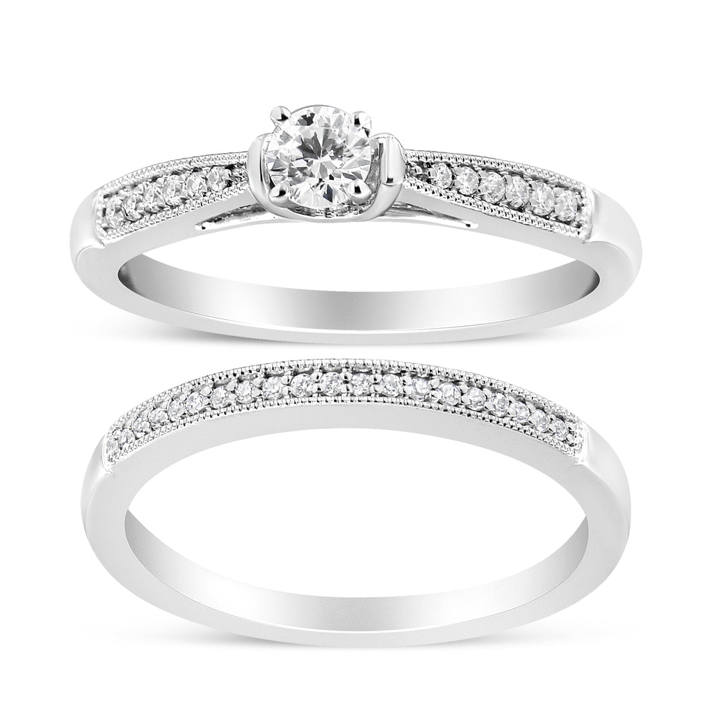 .925 Sterling Silver 1/3 Cttw Diamond Classic Engagement Ring Bridal Set with Milgrain (I-J Color, I3 Clarity) - Ring Size 7