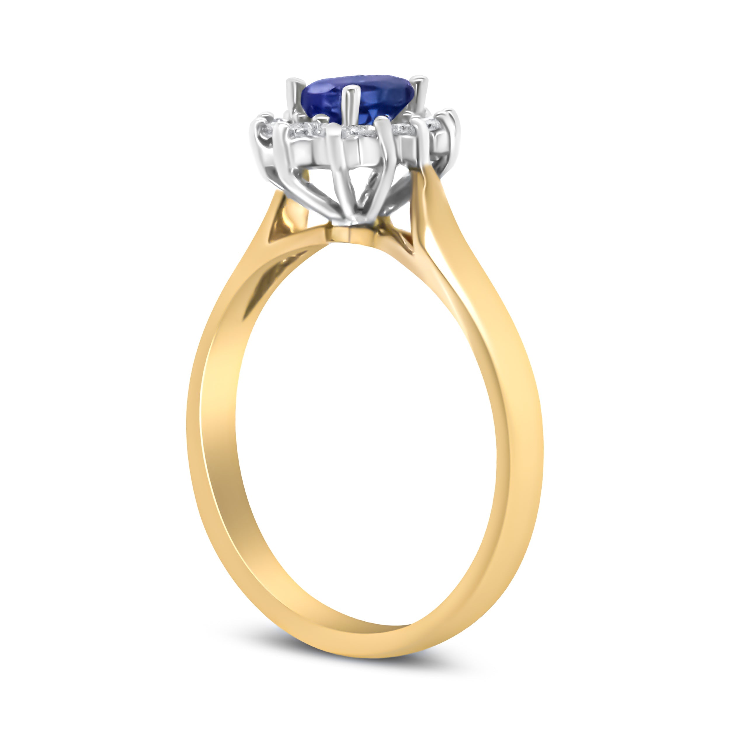 14K Yellow Gold 1/5 Cttw Round Diamond and 6x4mm Oval Blue Tanzanite Halo Ring (H-I Color, I1-I2 Clarity) - Size 7.75