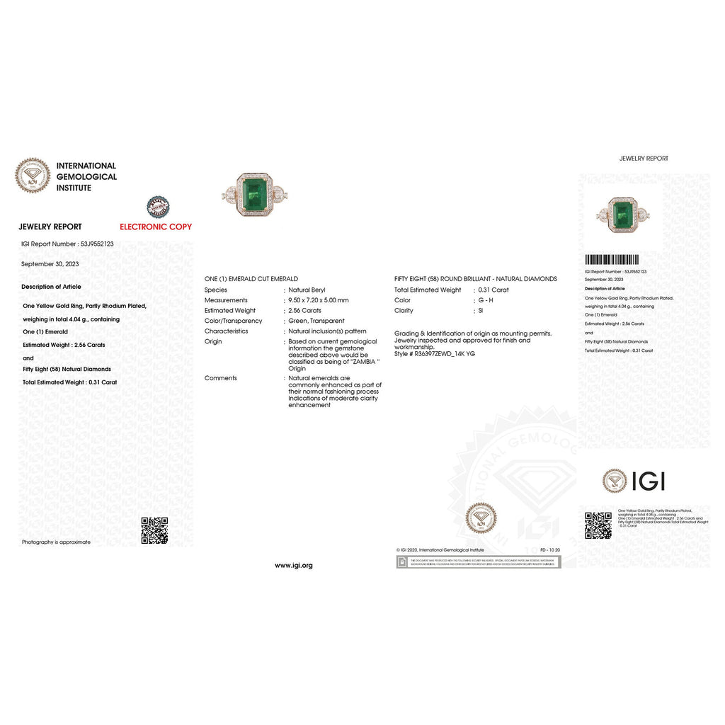 IGI Certified 2.87 Carat Genuine Zambian Emerald and White Diamond 14K Yellow Gold Ring