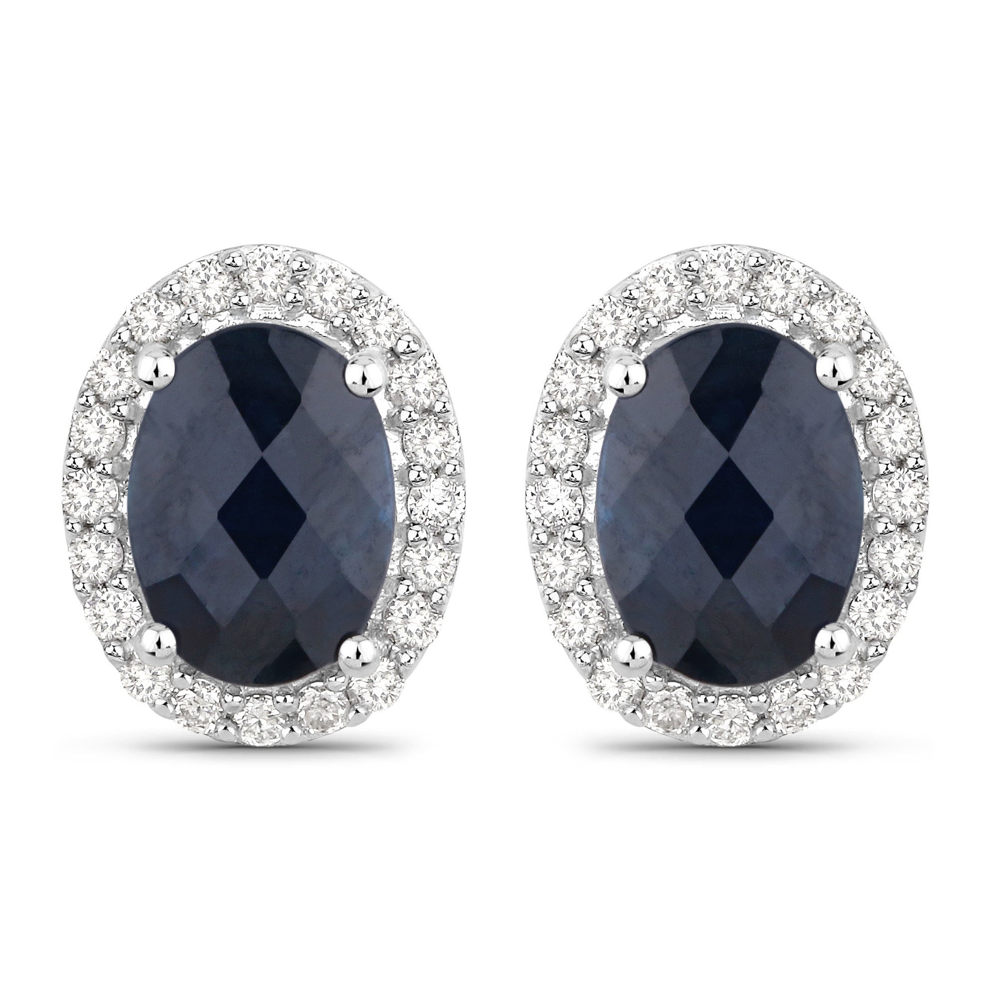 2.16 Carat Genuine Blue Sapphire and White Diamond 14K White Gold Earrings