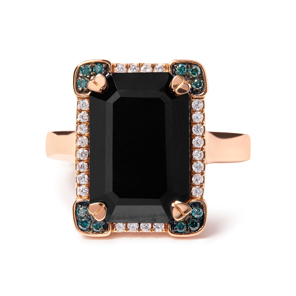 14K Rose Gold 15x10 MM Emerald-Cut Black Onyx and 1/5 Cttw Blue and White Diamond Halo Cocktail Ring (G-H Color, SI1-SI2 Clarity)- Size 7