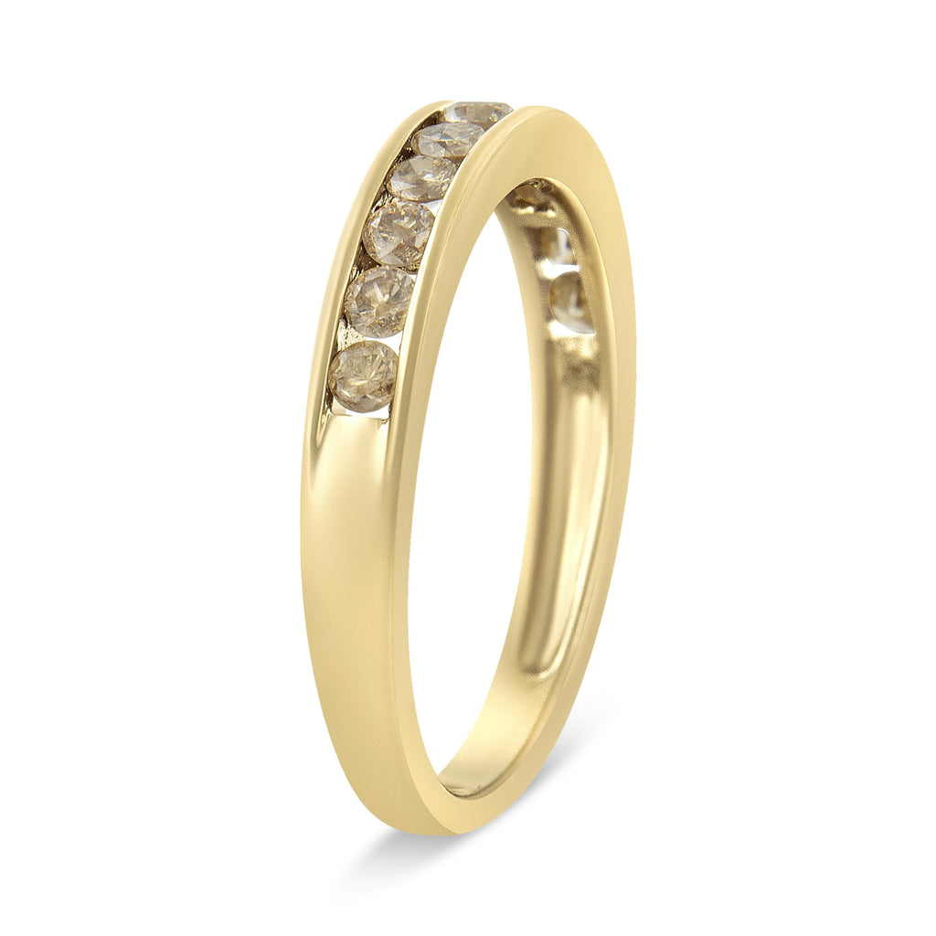 14K Yellow Gold Plated .925 Sterling Silver 1/2 Cttw Channel Set Round Champagne Diamond 11 Stone Band Ring (K-L Color, I1-I2 Clarity) - Size 7