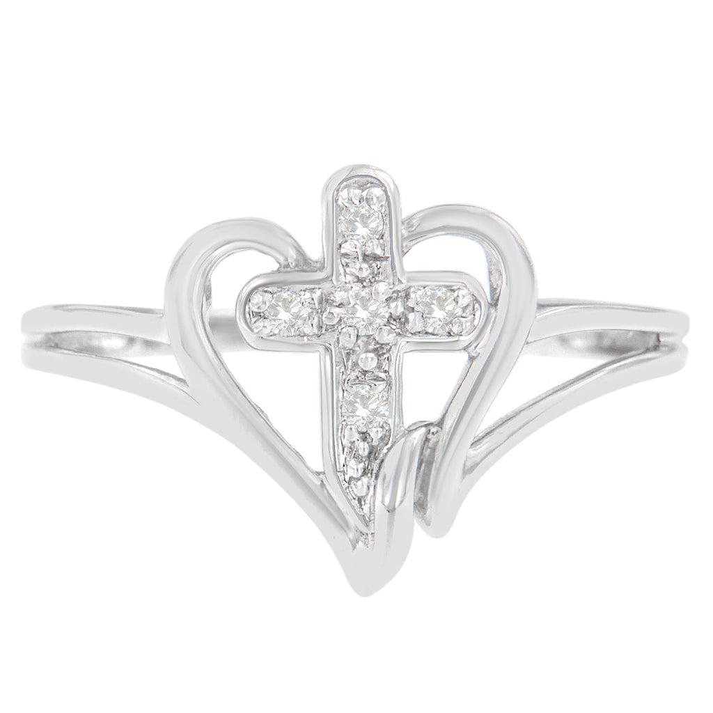 10K White Gold Diamond-Accented Cross & Open Heart Promise Fashion Ring (H-I Color, I1-I2 Clarity) - Size 7
