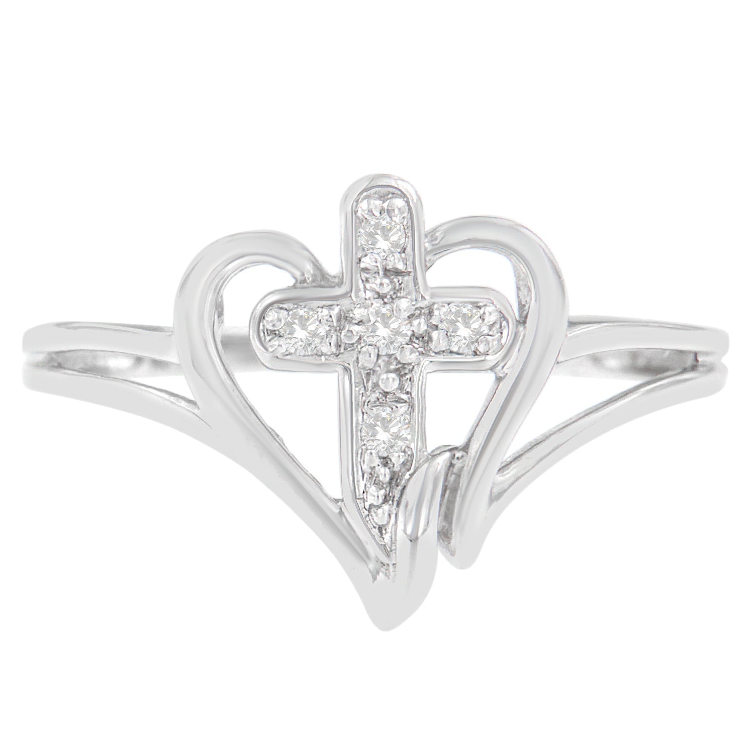 10K White Gold Diamond-Accented Cross & Open Heart Promise Fashion Ring (H-I Color, I1-I2 Clarity) - Size 7