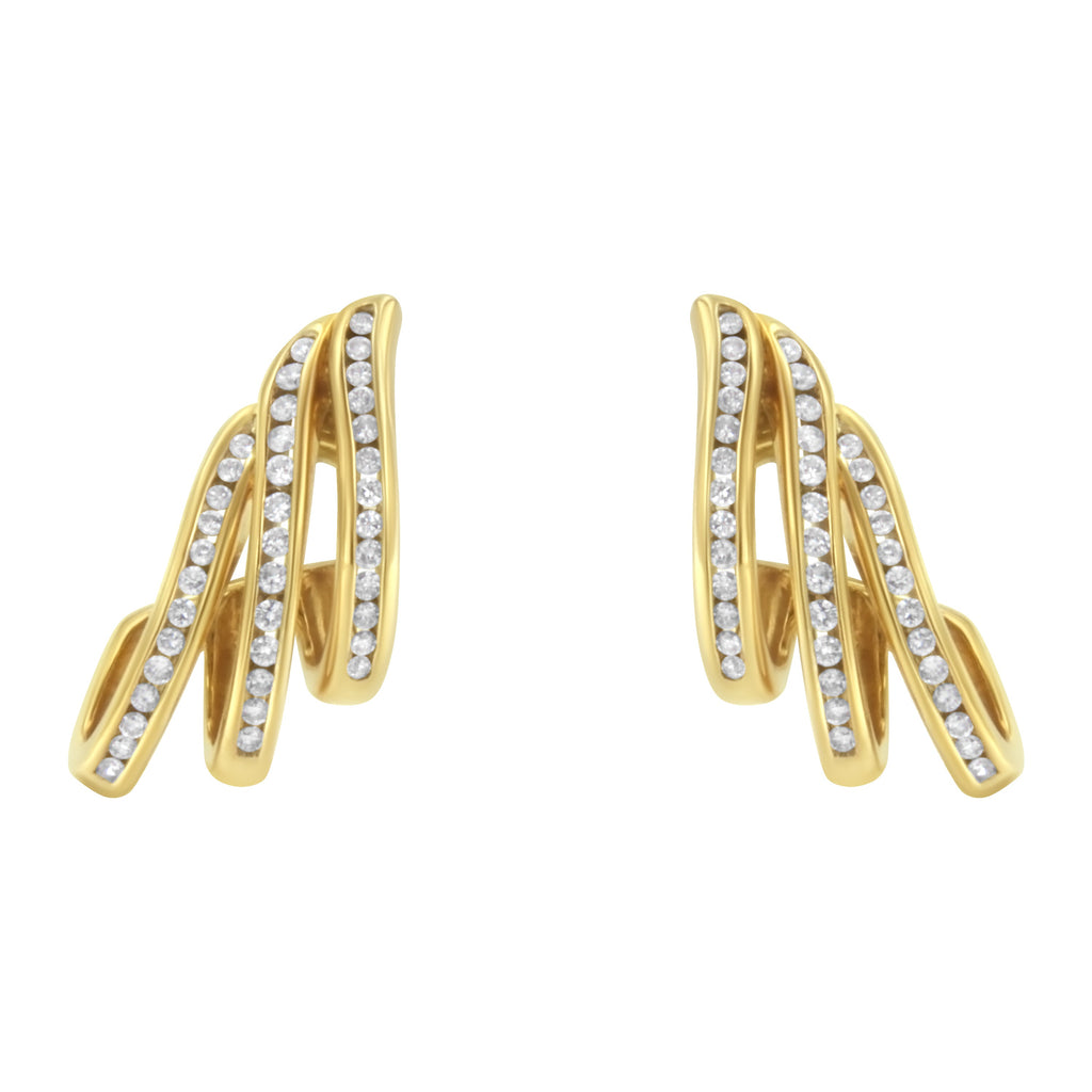 10K Yellow Gold 1.0 Cttw Round Brilliant Cut Diamond Spiral Multi Row Channel Set Open Hoop Pushback Stud Earrings (H-I Color, I1-I2 Clarity)