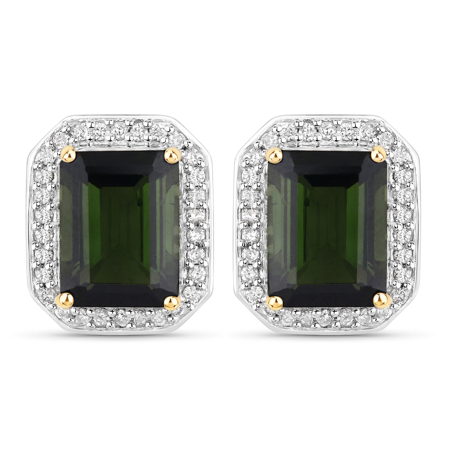 3.57 Carat Genuine Green Tourmaline and White Diamond 14K Yellow Gold Earrings