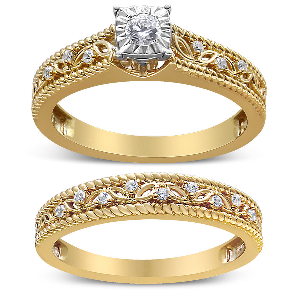 14K Yellow Gold Plated .925 Sterling Silver 1/5 Cttw Diamond Art Deco Style Engagement Ring Bridal Set (I-J Color, I3 Clarity) - Ring Size 7