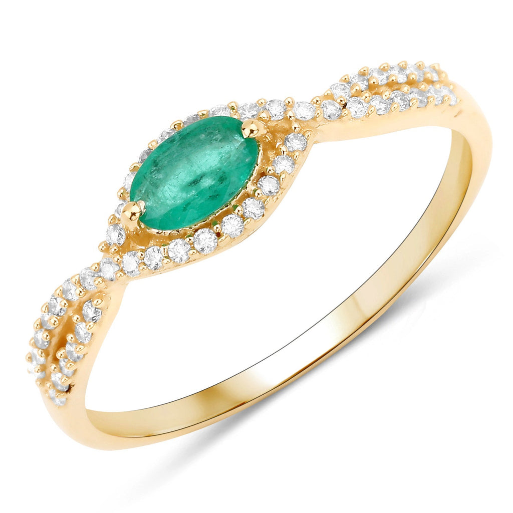 0.32 Carat Genuine Zambian Emerald and White Diamond 14K Yellow Gold Ring