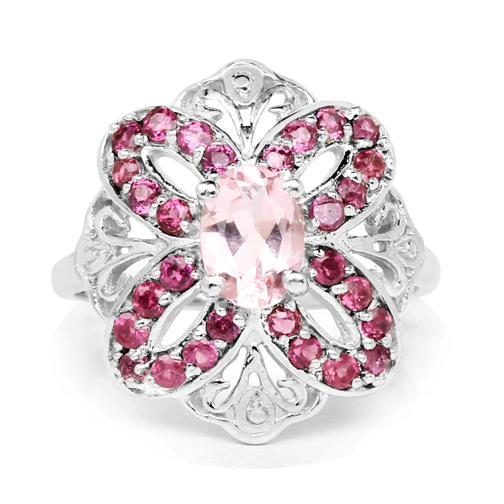 1.82 Carat Genuine Morganite & Rhodolite .925 Sterling Silver Ring